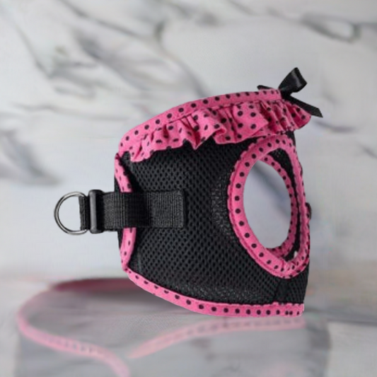Doggie Design Polka Dot Dog Harness – Hot Pink & Black (XXS–3XL)