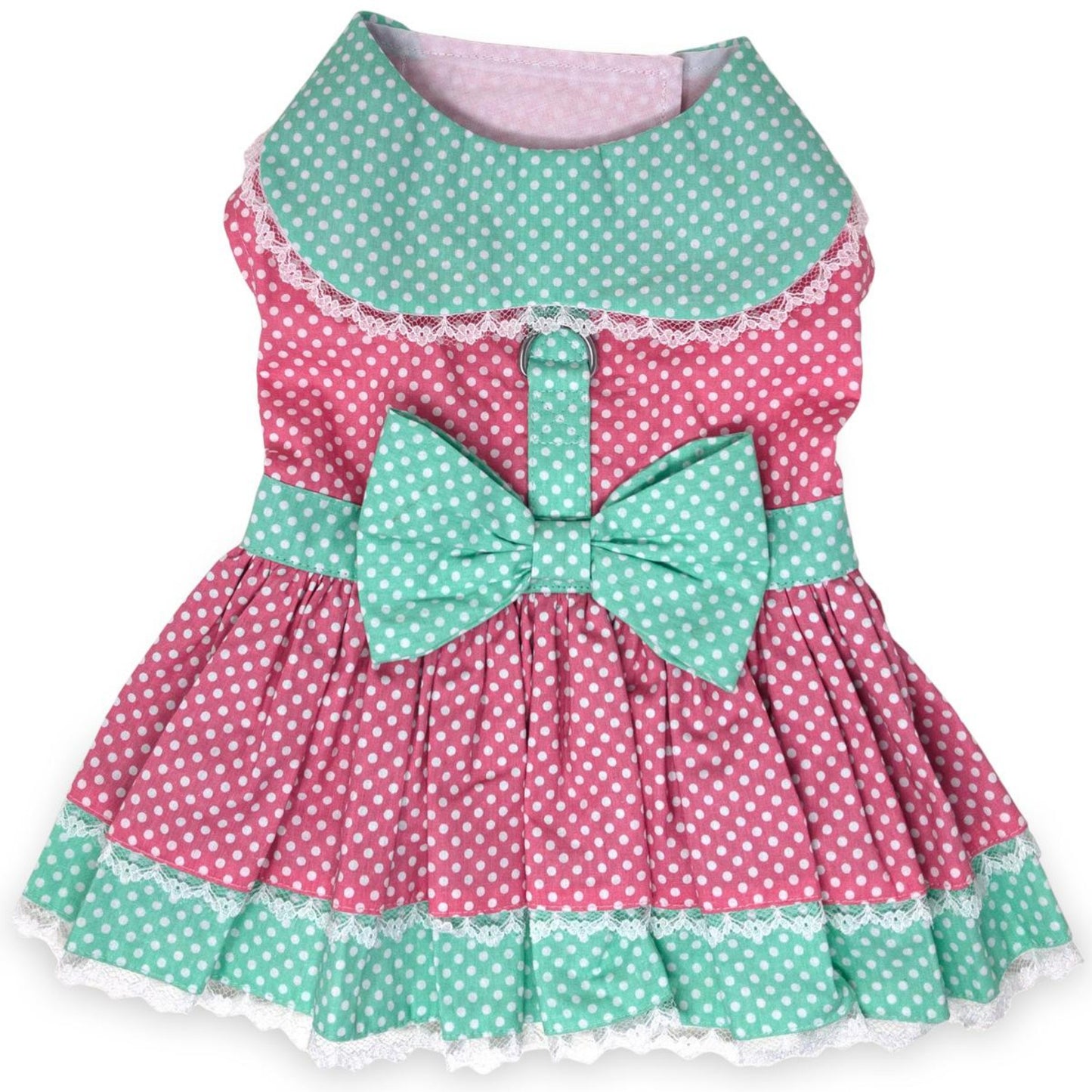 Polka Dot and Lace Dog Dress Set with Leash - Pink and Teal 78553