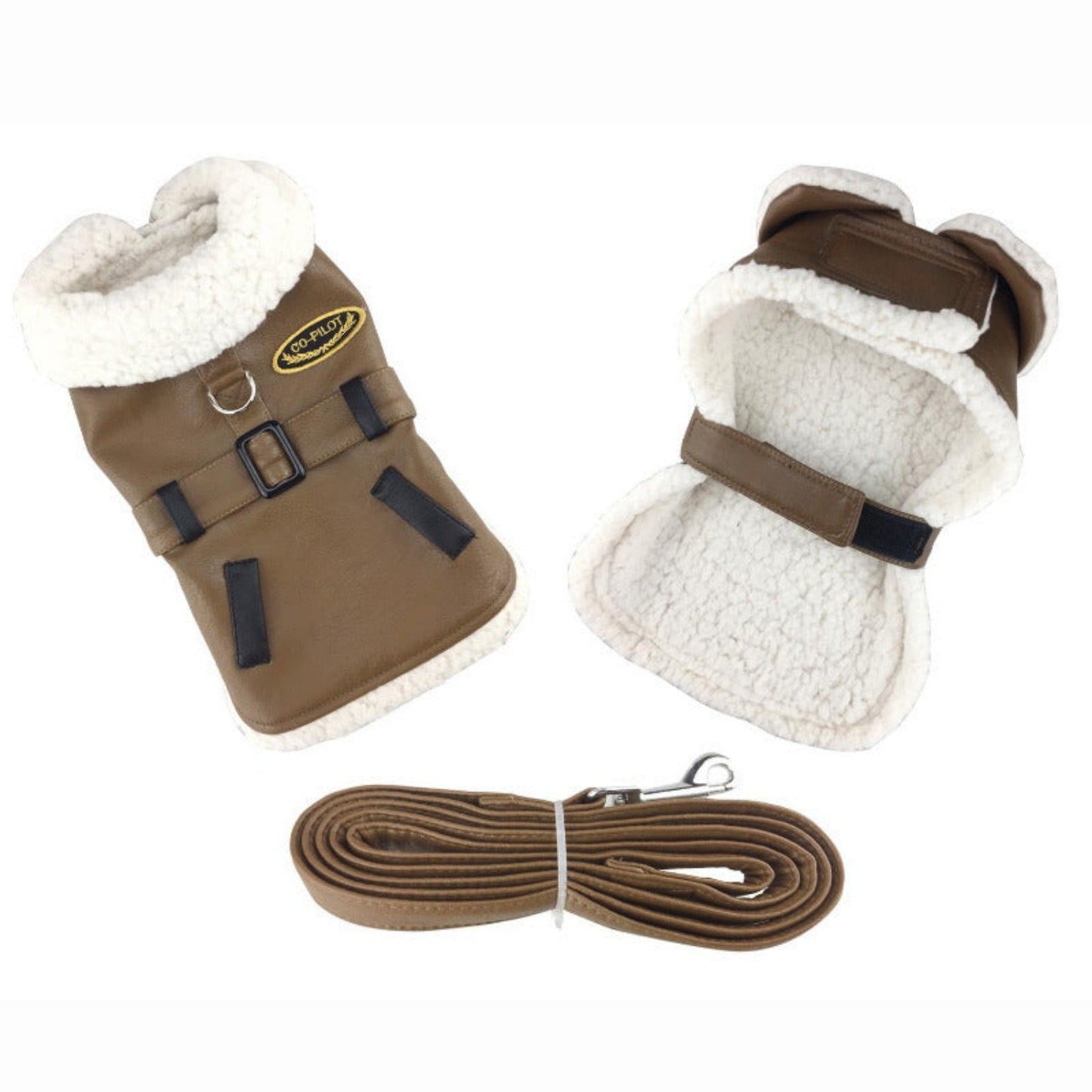Brown Faux Leather Bomber Dog Coat & Leash