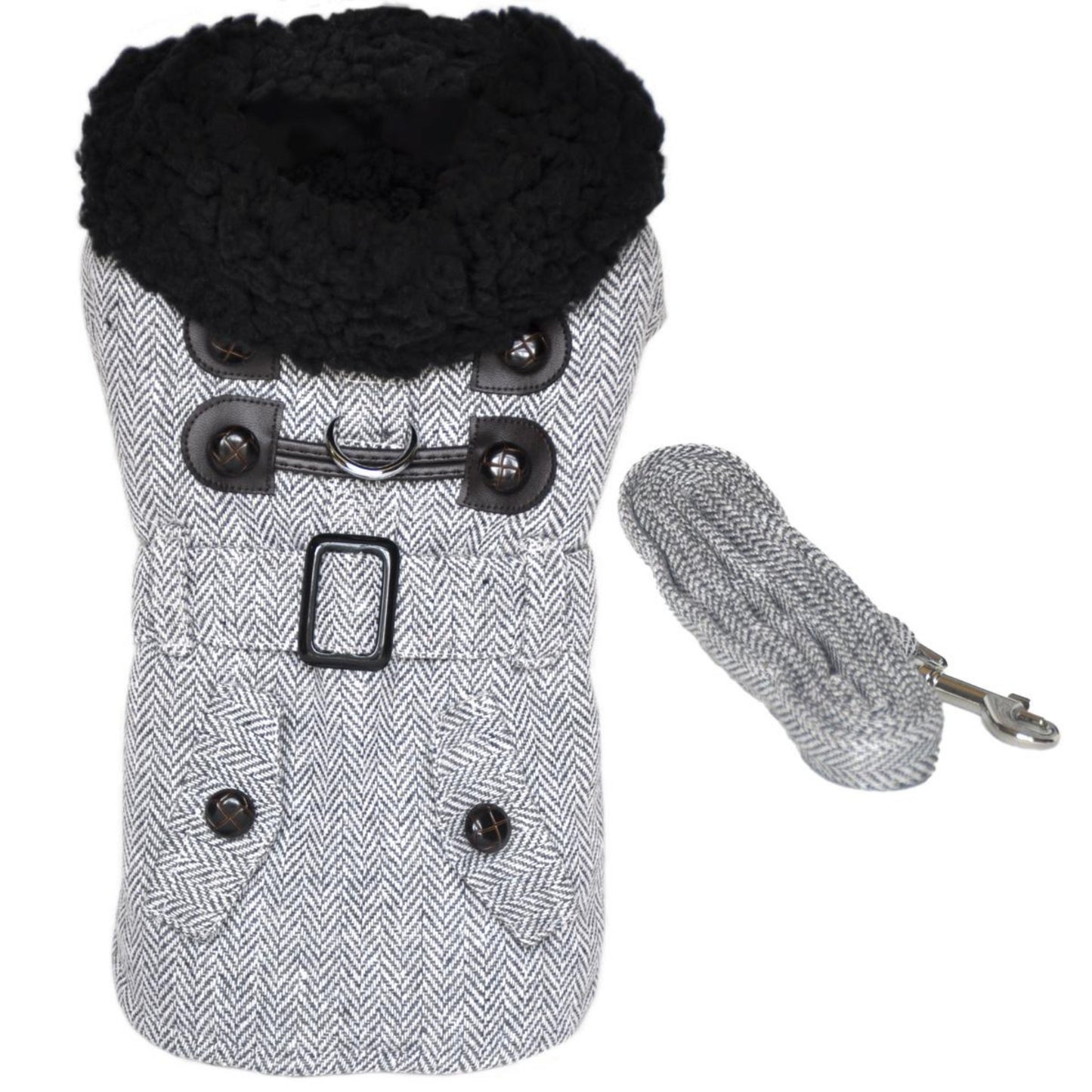 Plaid Fur-Trimmed Herringbone Dog Coat