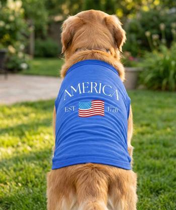 Blue America Dog T‑Shirt – Patriotic USA Flag Dog Tee (XS–3XL, 100% Cotton)