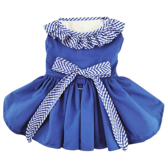 Blue Gingham Dog Dress with Matching Leash