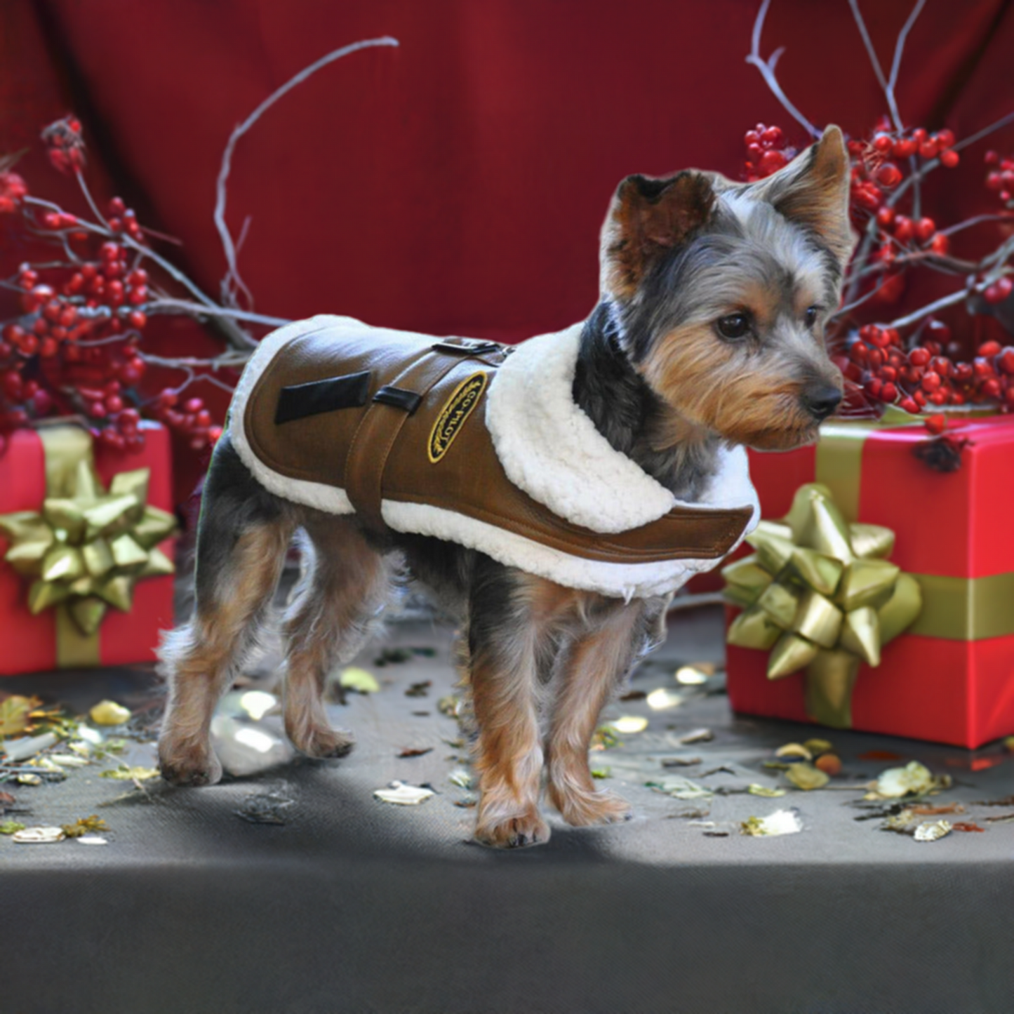 Brown Faux Leather Bomber Dog Coat & Leash