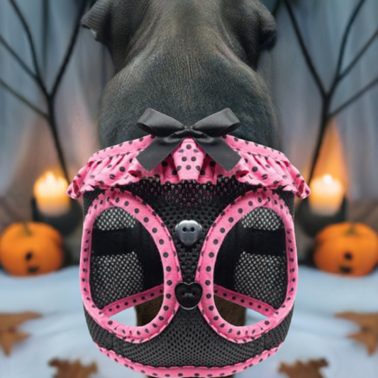 Doggie Design Polka Dot Dog Harness – Hot Pink & Black (XXS–3XL)