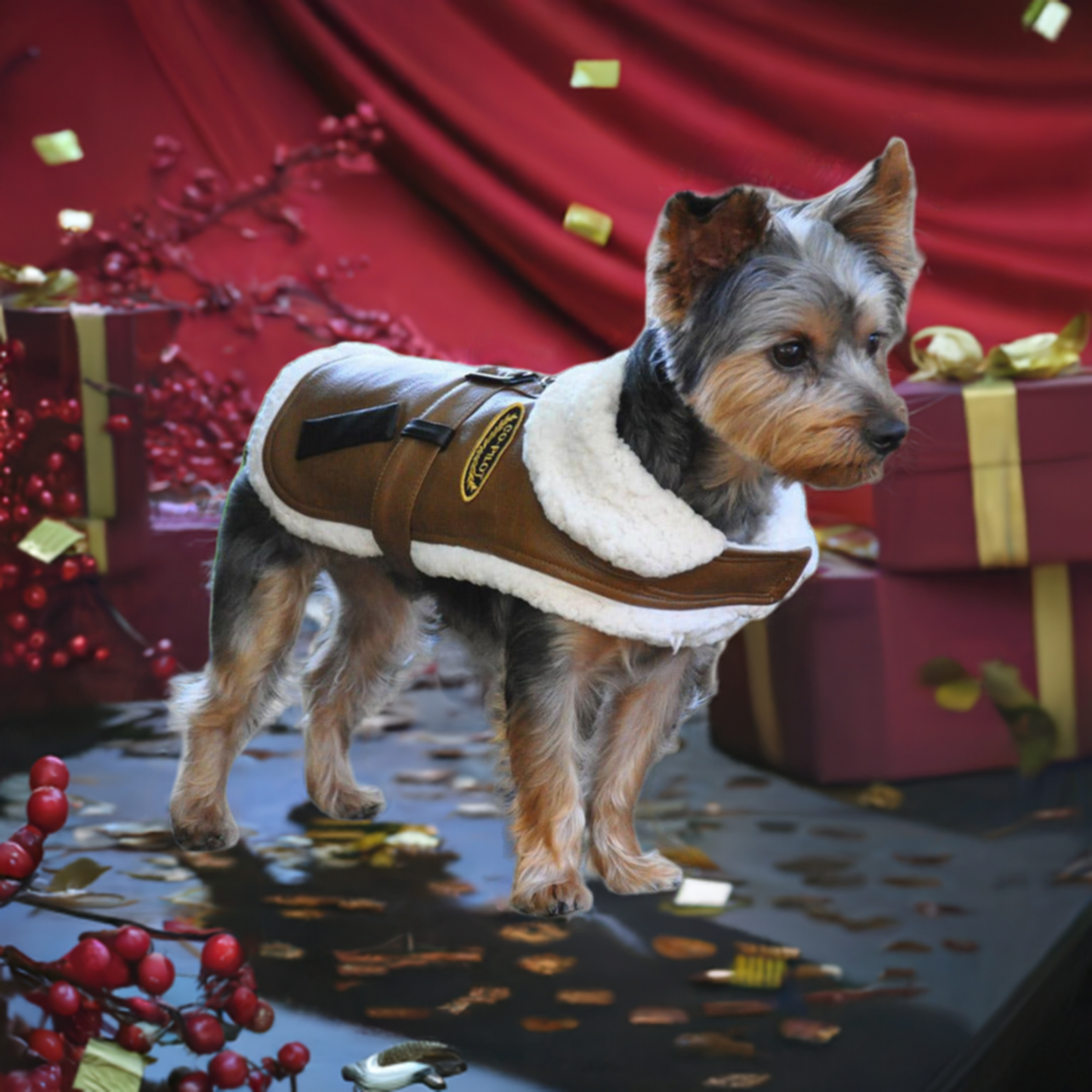 Brown Faux Leather Bomber Dog Coat & Leash