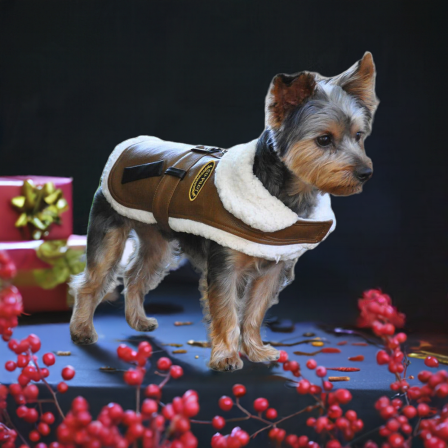 Brown Faux Leather Bomber Dog Coat & Leash