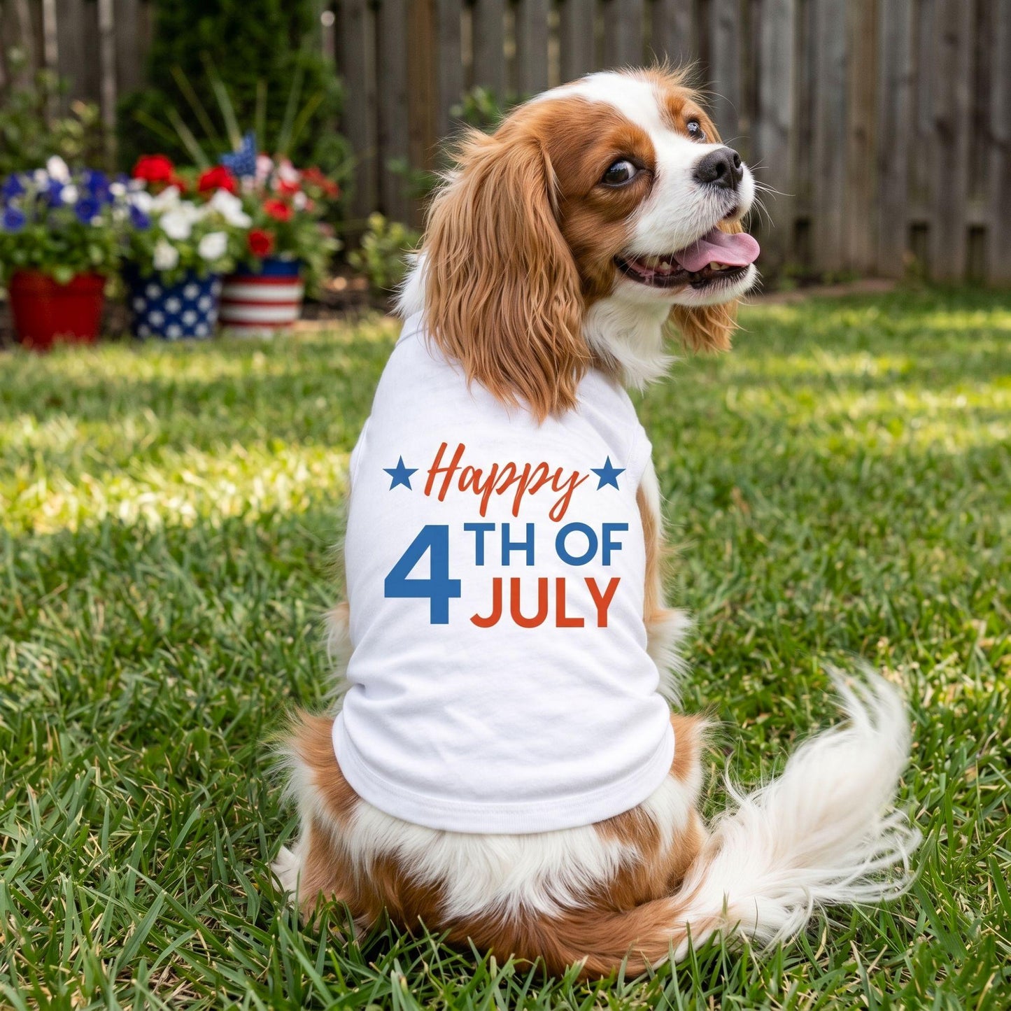 Happy 4th of July Dog Shirt – White Patriotic USA Dog T‑Shirt (XS–3XL)