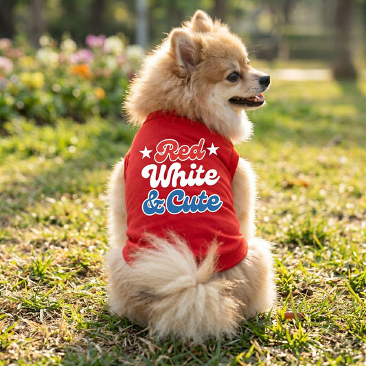 Red White and Cute Dog Shirt – Flame Scarlet Red Patriotic USA Dog T‑Shirt (XS–3XL)