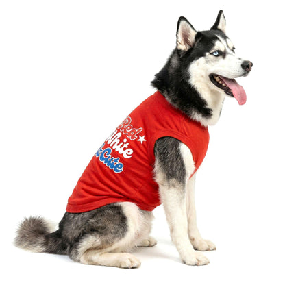 Red White and Cute Dog Shirt – Flame Scarlet Red Patriotic USA Dog T‑Shirt (XS–3XL)
