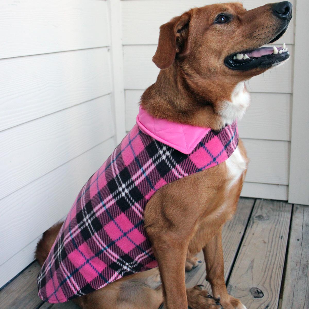 Reversible Fleece Lined Puffer Dog Coat - Pink Plaid  78643