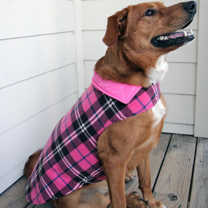 Reversible Fleece Lined Puffer Dog Coat - Pink Plaid  78643