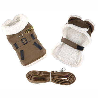 Brown Faux Leather Bomber Dog Coat & Leash