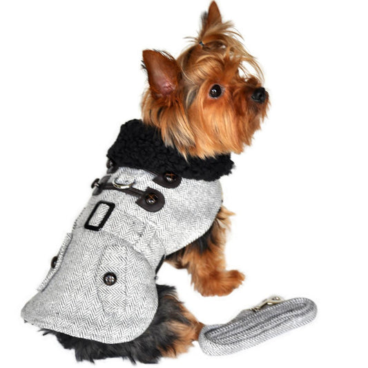 Plaid Fur-Trimmed Herringbone Dog Coat