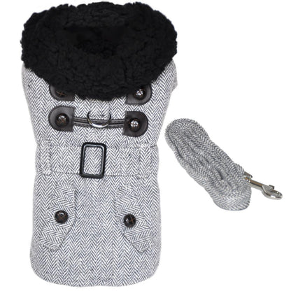 Plaid Fur-Trimmed Herringbone Dog Coat