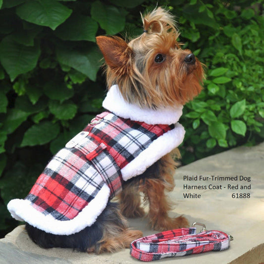Doggie Design Red Plaid Fur-Trimmed Dog Harness Coat