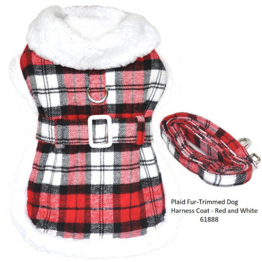 Doggie Design Red Plaid Fur-Trimmed Dog Harness Coat