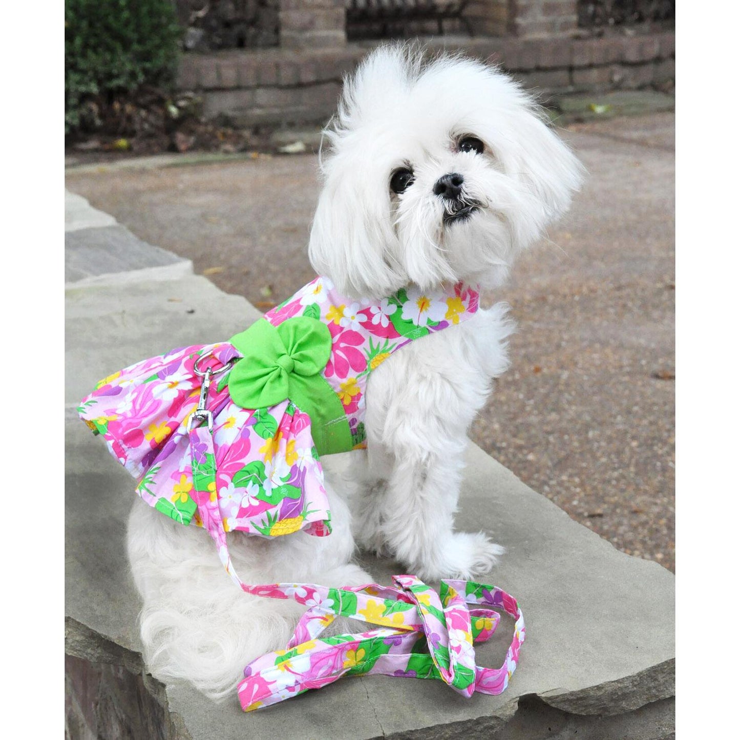 Pink Hawaiian Floral Dog Harness Dress with Matching Leash 73385