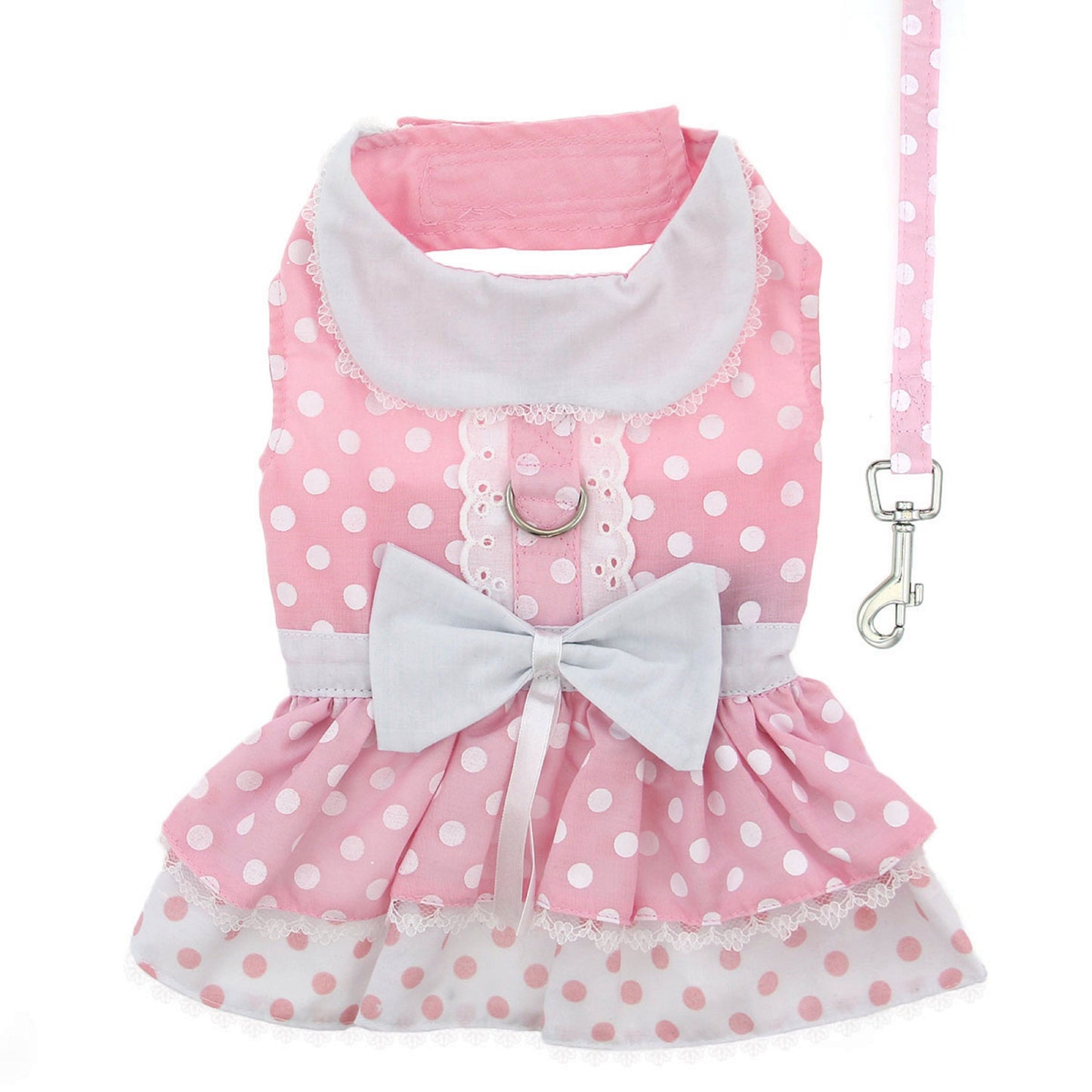 Polka Dot and Lace Dog Dress Set with Leash - Pink 10432