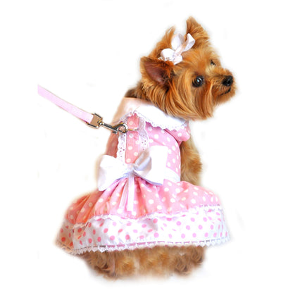 Polka Dot and Lace Dog Dress Set with Leash - Pink 10432